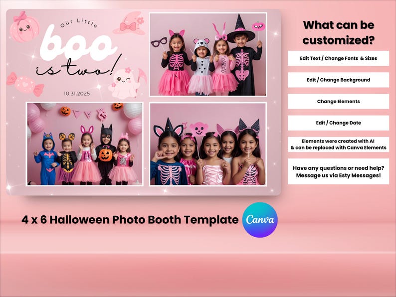 May include: A pink Halloween photo booth template with the text "Our Little Boo is Two!" and the date 10.31.2025. The template includes photos of children in Halloween costumes. The template is customisable.