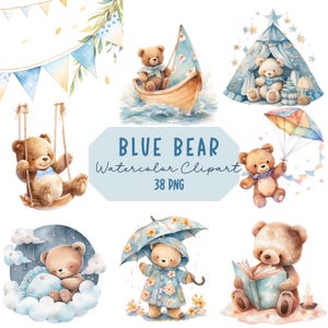 Watercolor Blue Bear Clipart, Blue Teddy Bear Clipart, Watercolor baby shower clipart, Cute Boho Bears, Baby Blue Decor Nursery Clipart