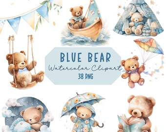 Aquarell blau Teddy Bär Clipart: Baby Dusche Kinderzimmer Dekor (PNG Digital Download)