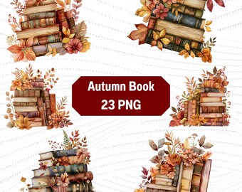 Autumn Floral Books Clipart: Watercolor Fall Leaves (PNG)