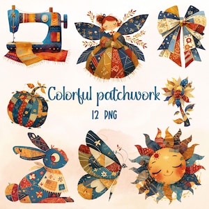 Watercolour Cute Patchwork Clipart, Colorful Quilt PNG, Flower Patchwork Clipart, Bear Quilt PNG, Sewing Craft Designs, Quilted Printable