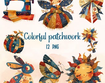 Clipart patchwork aquarelle : dessins de courtepointe, travaux manuels de couture (téléchargement numérique PNG)