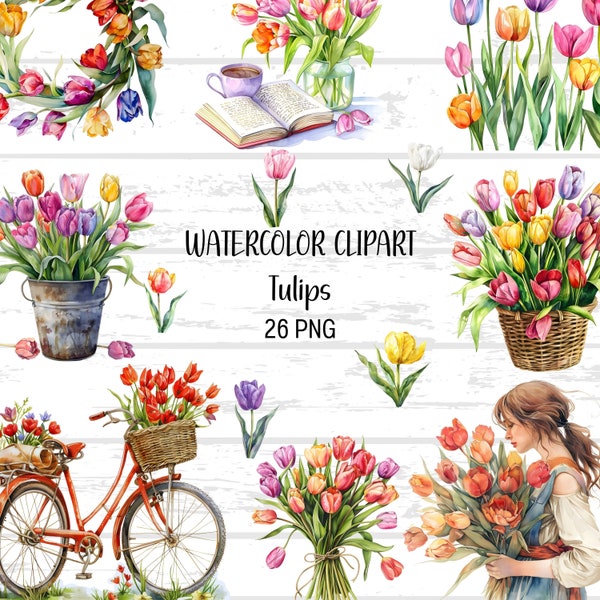 Watercolor Tulips Clip Art PNG, Tulip Clip Art Digital Downloads, Spring Tulips, Wedding Clipart, Tulips Bouquet, Card Making, Digital Paper