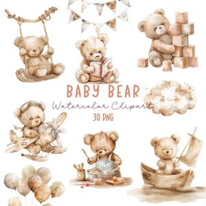 Clipart aquarelle ours bébé pour garçon, clipart aquarelle baby shower beige, clipart nounours mignon, baby shower pour nouveau-nés, décoration de chambre d'enfant