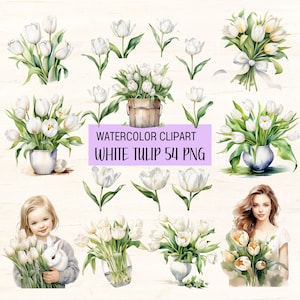 Watercolor White Tulips Clipart Pack, Watercolor Tulip Png, White Tulips Basket,White Tulips Basket with girl, White Tulip Clipart