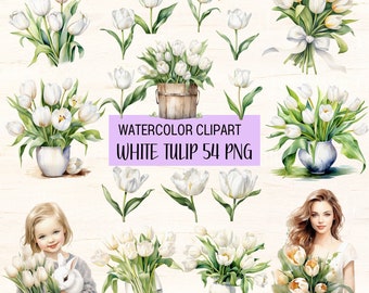 Tulipán blanco en acuarela: paquete PNG floral (54 archivos)