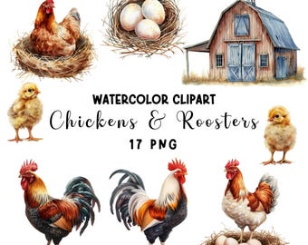 Clipart aquarel kip: boerderijhaan en kuiken, png (digitale download)