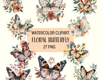 Puede incluir: Conjunto de 27 ilustraciones de mariposas florales en acuarela. Las mariposas están en varios colores y poses, rodeadas de flores y hojas. El texto "WATERCOLOR CLIPART FLORAL BUTTERFLY 27 PNG" está en la parte inferior de la imagen.