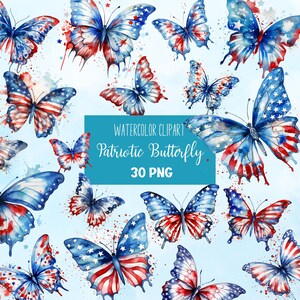 4th of July Butterfly Clipart, Patriotic Butterfly Clipart, Butterfly American Flag Watercolor, Independence USA America Day, Butterfly PNG