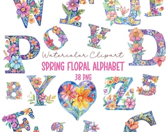 Watercolor Floral Alphabet Clipart: Spring Letters (38 PNG)