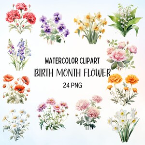 24 Flores de mês de nascimento em aquarela Clipart, Presente de dia das mães, Flores de mês de nascimento em aquarela, Clipart de aniversário, Ilustração floral do mês