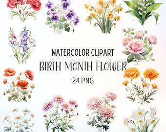 Watercolor Birth Month Flowers Clipart: Floral Illustrations (PNG Digital Download)