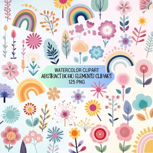 May include: A set of 125 watercolor clipart illustrations featuring abstract boho elements. The illustrations include rainbows, flowers, leaves, and other floral designs in a variety of colors.