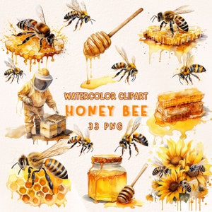 Bee Watercolor Clipart: Honeycomb, Jar, Spring PNG (Commercial Use)