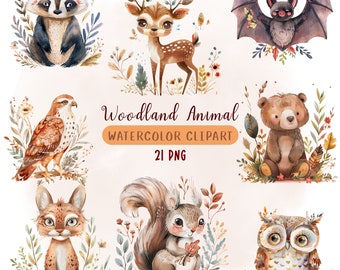 Watercolor Woodland Animals Clipart: Forest Creatures PNG (Digital Download)