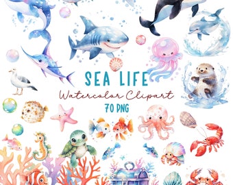 May include: Watercolor clipart set featuring various sea creatures, including a whale, shark, octopus, seahorse, turtle, crab, and jellyfish. The set also includes coral, a treasure chest, and other ocean-themed elements. The text "SEA LIFE Watercolor Clipart 70 PNG" is included in the image.