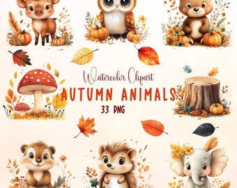 Watercolor Autumn Animals Clipart: 33 PNG Files (Digital Download)
