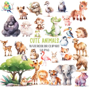 Clipart di simpatici animali, clipart di simpatici animali della giungla, clipart di safari per nursery, decorazione per prenascita del bambino ad acquerello, animaletto di simpatico safari nella giungla PNG