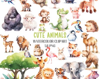 Watercolor Jungle Animals Clipart, Safari Nursery Decor (PNG)