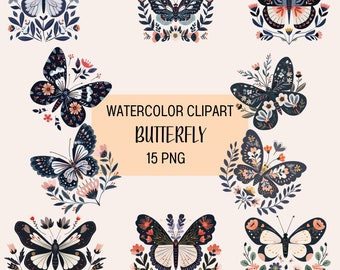 Watercolor Butterfly Clipart: Floral Spring PNG (Digital Download)