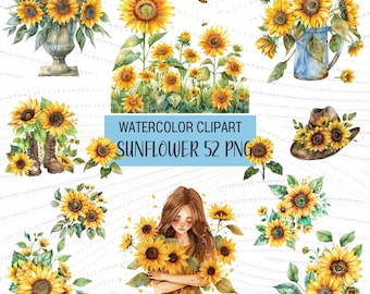 Watercolor Sunflower Clipart: Fall Floral Bouquets (52 PNG)