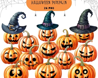 Watercolor Halloween Pumpkin Clipart: Spooky Jack O Lantern PNG (Digital Download)