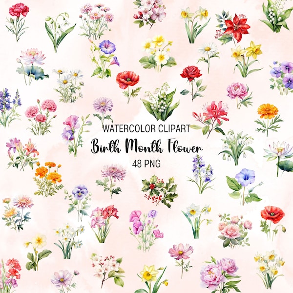 Aquarell Geburt Monat Blume Clipart: 48 PNG Designs (Digitaler Download)