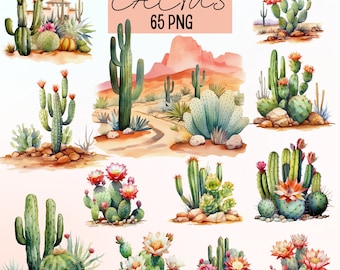 Aquarell Kaktus Clipart: Wüstenlandschaft PNG (Digital Download)