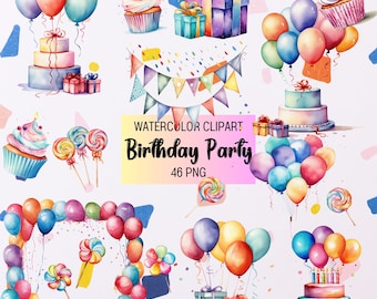 Watercolor Birthday Party Clipart: Cake, Balloons, Presents (46 PNG)