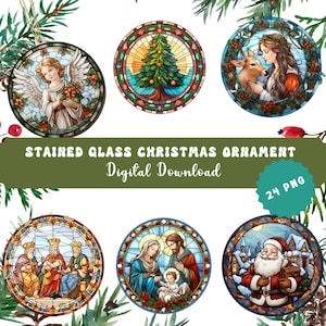 Watercolor Stained Glass Christmas Ornament Clipart Bundle (24 PNG Digital Download)