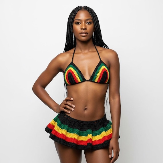 Handmade Jamaica Rasta Crochet Bikini 4-piece Set With Micro Mini