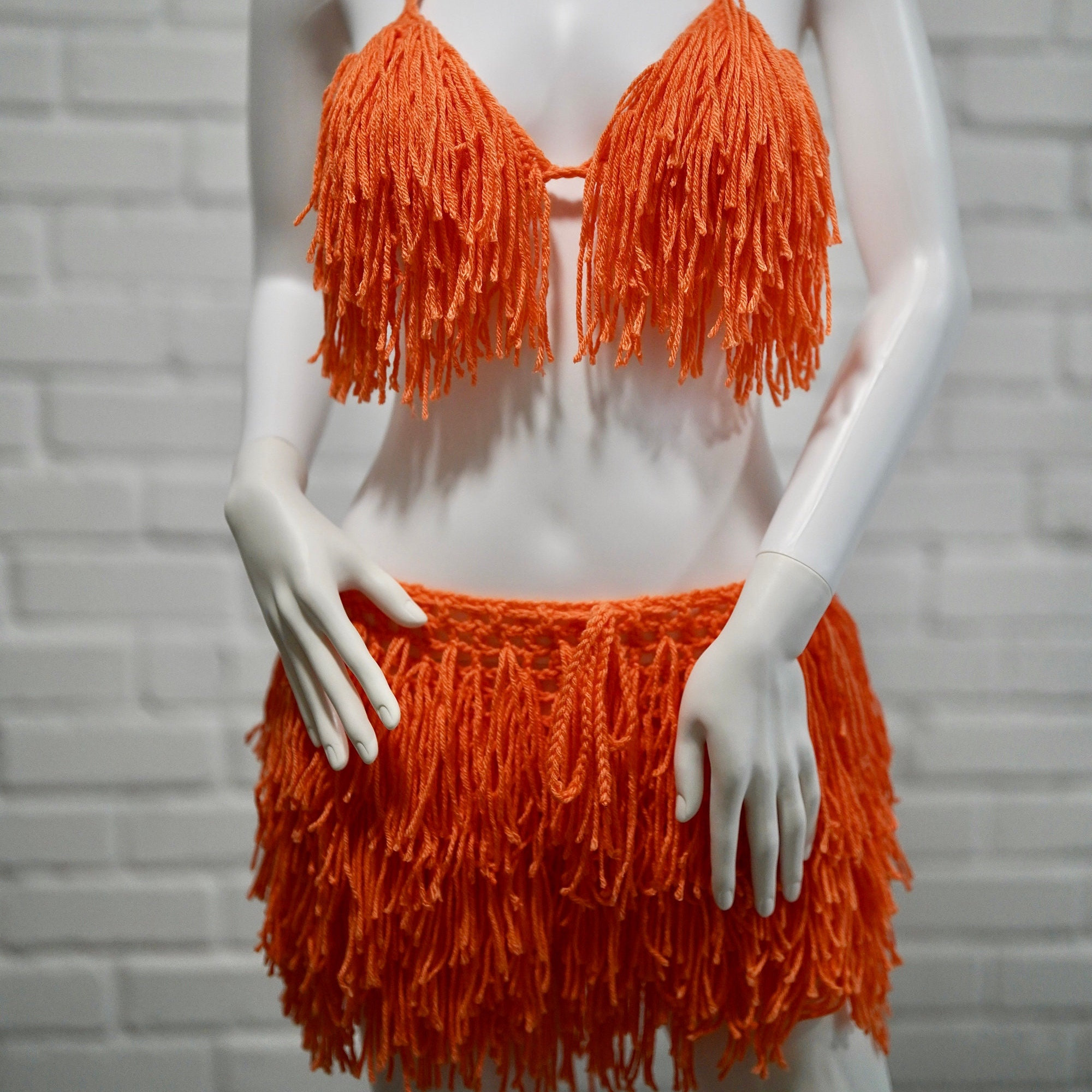 Handmade Crochet Fringe Festival Set With Bikini Top and Mesh