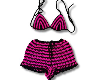 Handmade Crochet Matching Stripe Bikini Top with Shorts