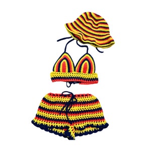 Gehaakte zomerfestivalshort met crop-top en hoed, bijpassende set Colombia-kleuren