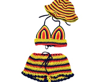 Summer Festival Crochet Shorts with Crop Top and Bucket Hat Matching Set Colombia Colors