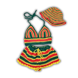 May include: A crochet bikini set in green, red, and yellow. The set includes a halter top, shorts with a drawstring, and a matching bucket hat. The crochet work features a striped pattern.