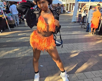 Handmade Crochet Fringe Festival Set With Bikini Top and Mesh