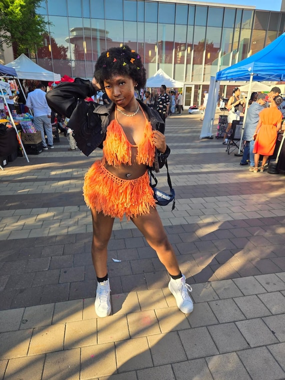 Handmade Crochet Fringe Festival Set With Bikini Top and Mesh