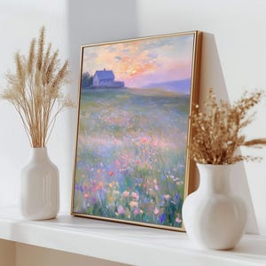 Muted Pastel Vintage Landscape Oil Painting, French Country Wall Decor, Colorful Flower Field Digital Wall Art, Countryside Wall Art