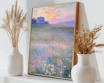 Pastel Flower Field Landscape Painting: French Country Cottage (Digital Download)