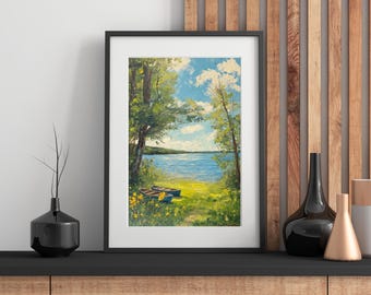 Impression de peinture à l'huile de paysage de lac : art impressionniste de la nature (téléchargement numérique)