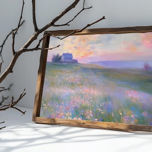 Muted Pastel Vintage Landscape Oil Painting, French Country Wall Decor, Colorful Flower Field Digital Wall Art, Countryside Wall Art