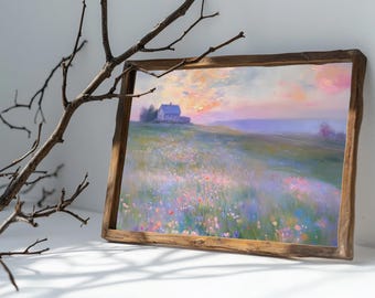 Pastel Flower Field Landscape Painting: French Country Cottage (Digital Download)