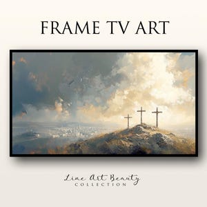 May include: A framed painting of three crosses silhouetted against a cloudy sky. The crosses are on a hilltop with a city in the distance. The sky is a mix of gray and white clouds with a golden glow in the background.