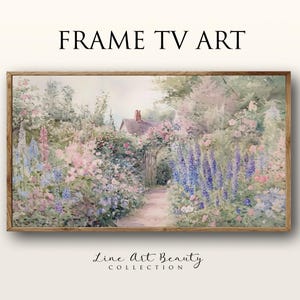 Op de afbeelding: Een aquarel schilderij van een tuin met een huisje op de achtergrond. De tuin is gevuld met roze en paarse bloemen, en er is een pad dat naar het huisje leidt.