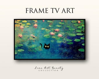 Monet Waterlily Cat Frame TV Art: Impressionist Digital Download