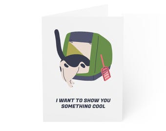 May include: A white greeting card featuring a cartoon cat in a green and blue carrier. The cat's head and tail are visible. A small red brush hangs on the side. The text "I WANT TO SHOW YOU SOMETHING COOL" is printed below.