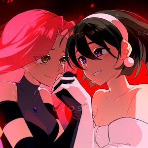 May include: Anime-style illustration of two young women holding hands, set against a red background. One has long pink hair and the other has short black hair. They are both smiling, with a tender expression. The artwork has a digital painting style.