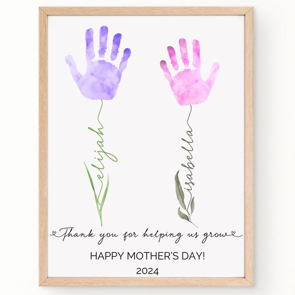 Personalized Flower Handprint Art, Printable Gift for Mom, DIY Valentines Day Keepsake, Gift from Kids, Birthday Gift, Name Flower Stem