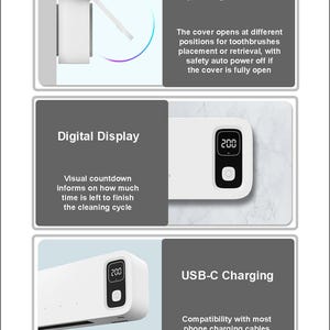 Puede incluir: Un esterilizador de cepillos de dientes blanco con una pantalla digital que muestra "200". La imagen destaca caracter&iacute;sticas como posiciones de apertura, una cuenta regresiva digital y compatibilidad de carga USB-C. El texto dice "Cover - Display - USB Port".